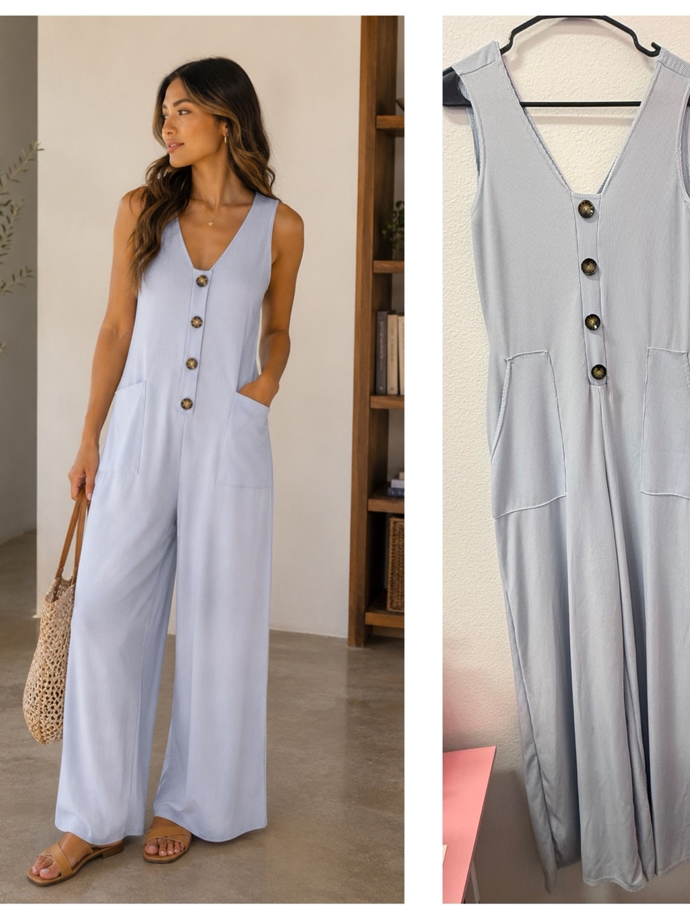 Boohoo Pale Blue Sleeveless Button-Front Pants Jumpsuit Size 10